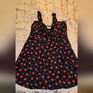 Cherry Print Black Dress Swim Top 18W
